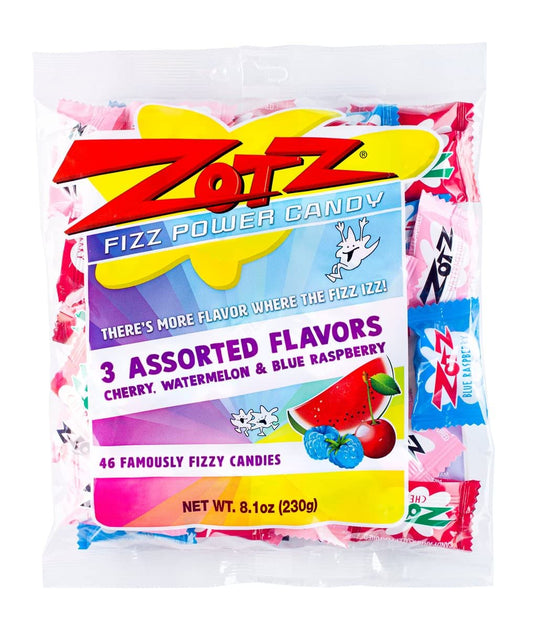 Zotz Fizz Power Candy Assorted  Fruit Flavored Hard Candy with a Fizzy Center  230g Bag Single Pack  Cherry Watermelon  Blue Raspberry  GlutenFree