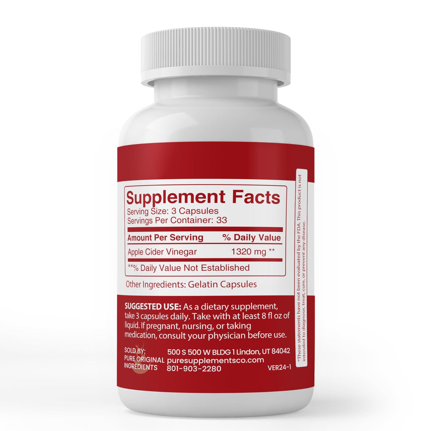 Pure Original Ingredients Apple Cider Vinegar, (100 Capsules) Always Pure, No Additives Or Fillers, Lab Verified