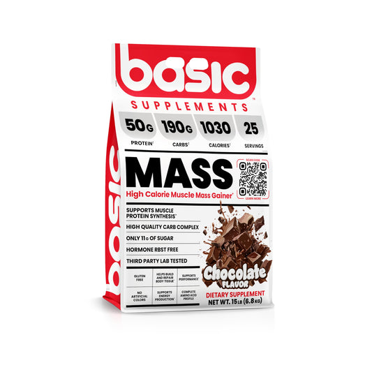 BASIC SUPPLEMENTS Mass Gainer Protein Powder, Supports Muscle Growth & Recovery, 50g Protein, 190g Carbs, 1030 Calories, Gluten-Free, RBST-Free, No Artificial Colors (15 Pound, Chocolate)