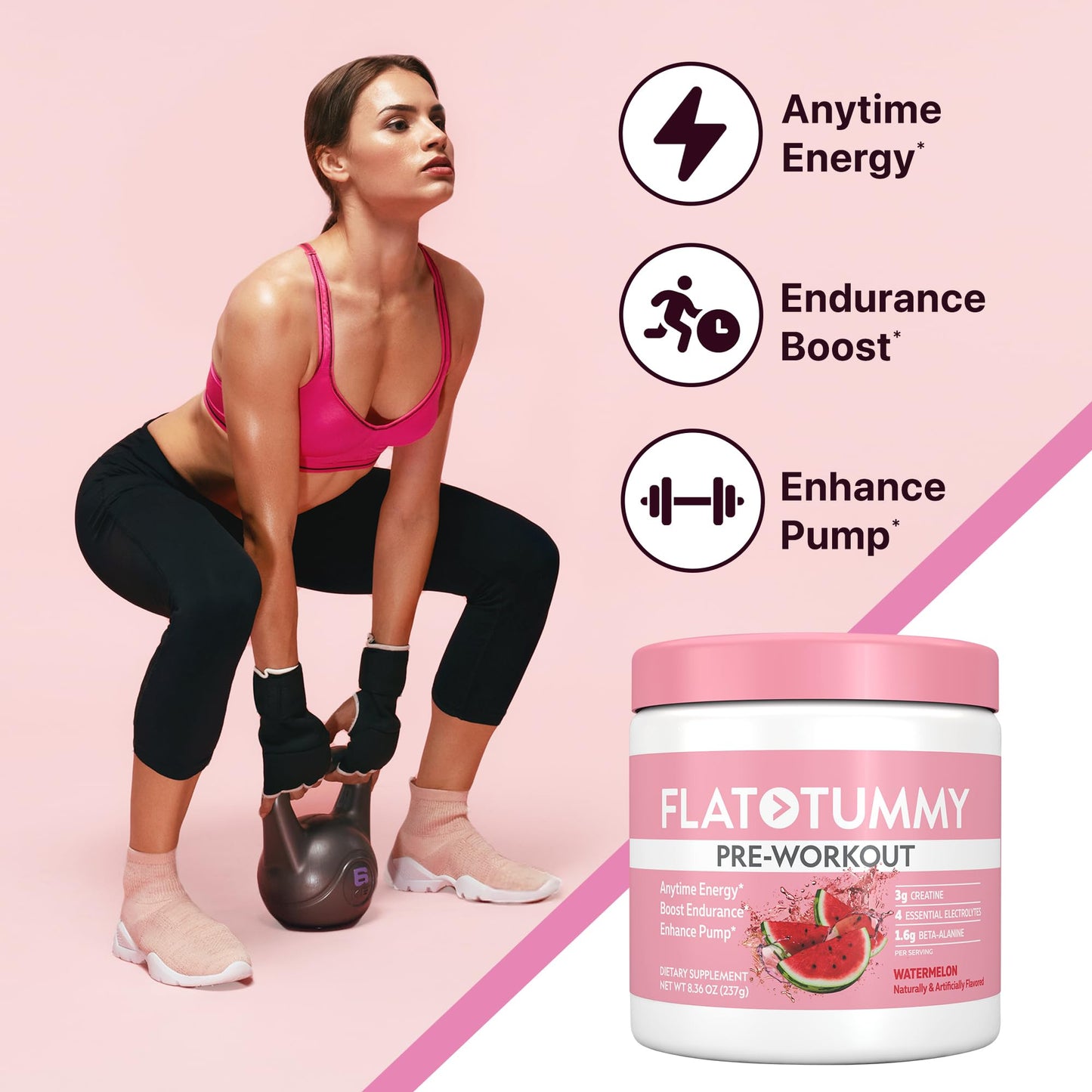 Flat Tummy Pre Workout Powder for Women - Energy, Endurance, and Muscle Support with 3g Creatine, 1.6g Beta-Alanine, Electrolytes - Watermelon Flavor - 30 Servings