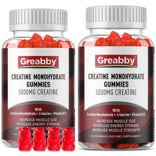 GREABBY Creatine Monohydrate Gummies - 5g Creatine Monohydrate for Women & Men, L-Taurine, B12, Creatine Chews for Muscle Growth, Increase Strength and Build Muscle, Mixed Berry Flavor 120 Count