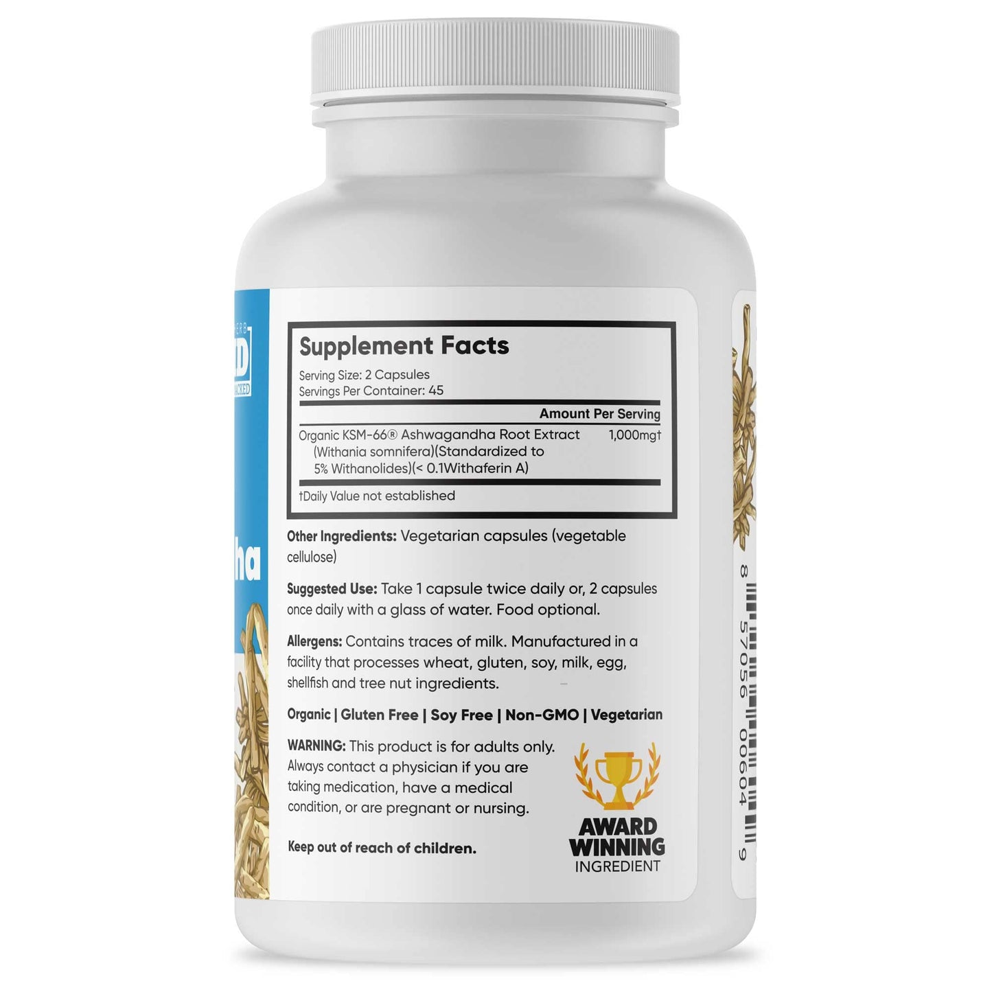 Brain Forza KSM-66 Ashwagandha Organic Pure Root Extract, Strongest 1,000mg Dose, High Potency 5% Withanolides, Hormone Health, Cognitive Support, Organic, Non-GMO, 90 Capsules