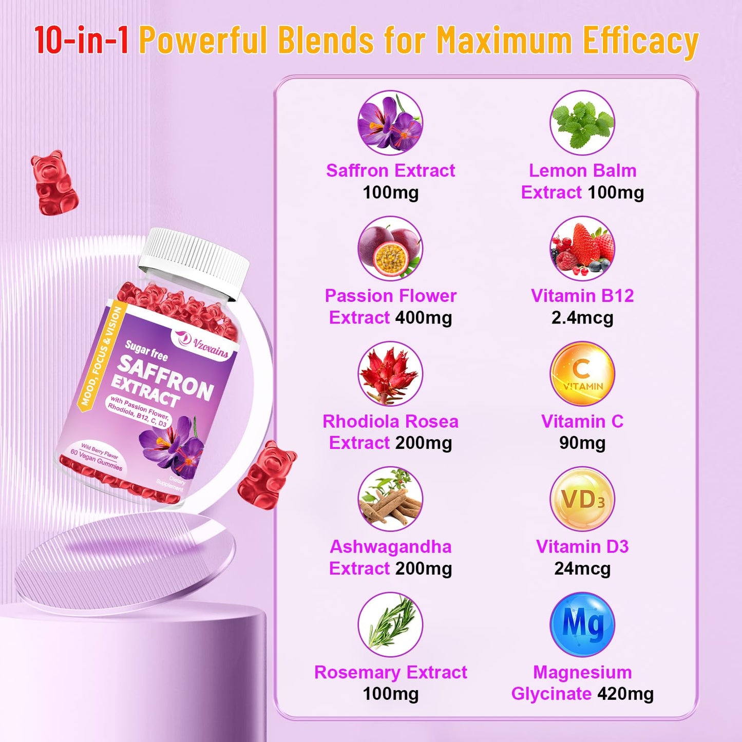 VZOXAINS 2 Pack Saffron Gummies - Sugar Free with Passion Flower, Rhodiola, Vitamin B12 and D3, Support Eye Vision, Focus, Mood and Metabolism, Wild Berry Flavor 120 Cts