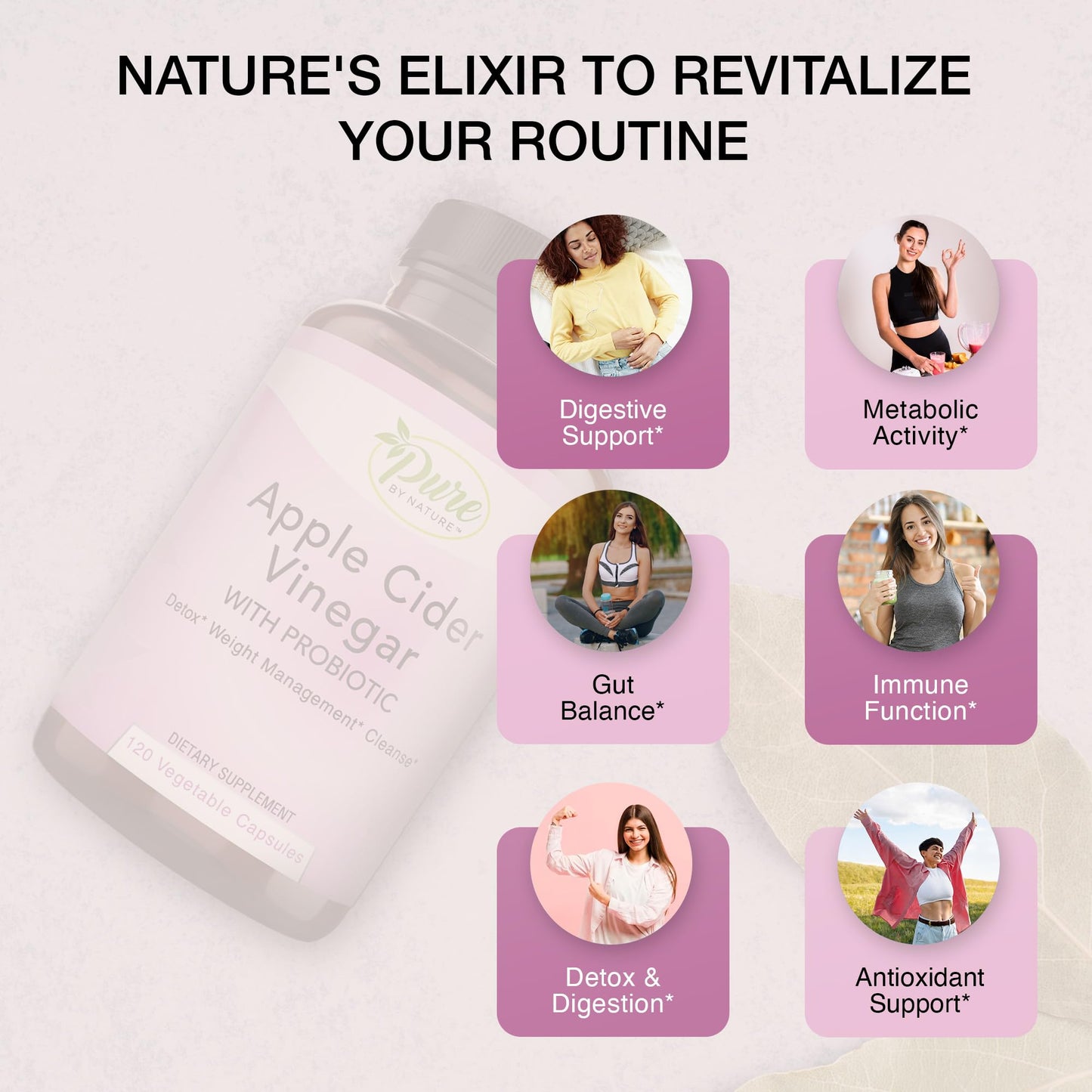 Pure By Nature Apple Cider Vinegar + Probiotic for Women & Men, Raw Apple Cider Vinegar Pills for Weight Management Support & Cleanse Support (120 Capsules)