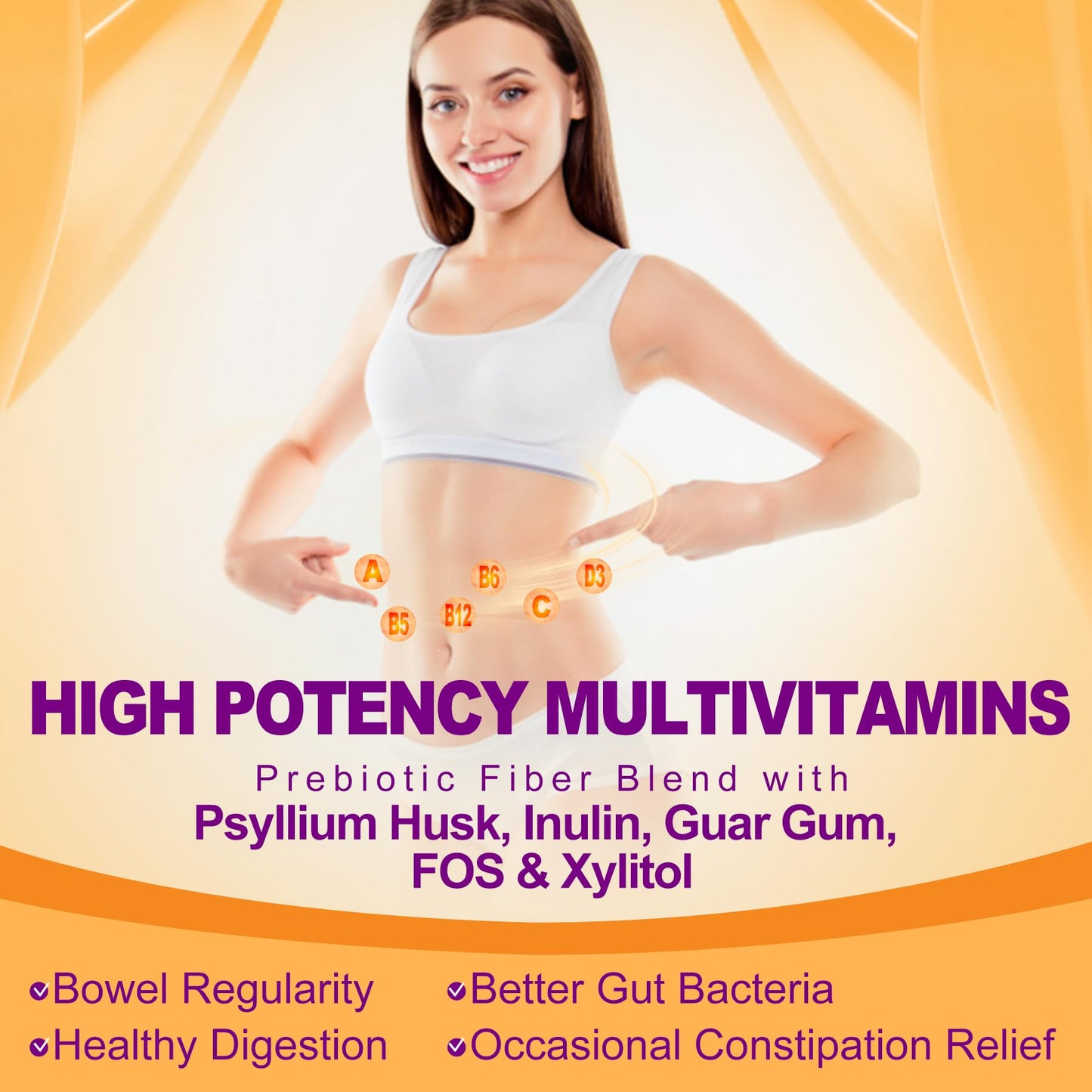 1Pack Fiber Gummies with Probiotics for Adults, 7G Soluble Fi ber + Insoluble Fi ber, Sugar Free with Psyllium Husk, Inulin, Fos, Multivitamins for Daily Digestive Health, Regularity Gut Support