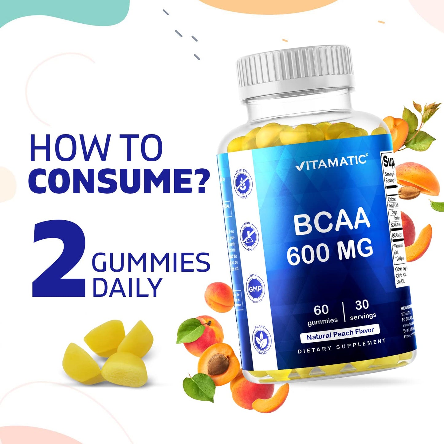 Vitamatic BCAA Gummies - Branch Chain Amino Acid Supplements - Peach Flavor - 600mg per Serving - 60 Vegan Pectin Based Gummies (3 Bottles)