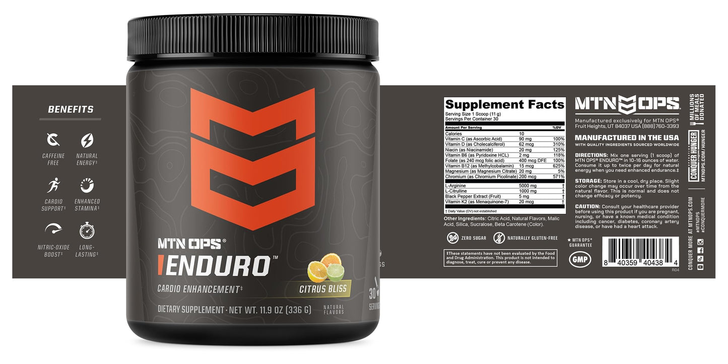 MTN OPS Enduro Nitric Oxide Supplement & Stim-Free Pre Workout - 30 Servings - with Magnesium Citrate, Beet Root Powder, Niacinamide, L Arginine & L Citrulline - Citrus Bliss Flavor