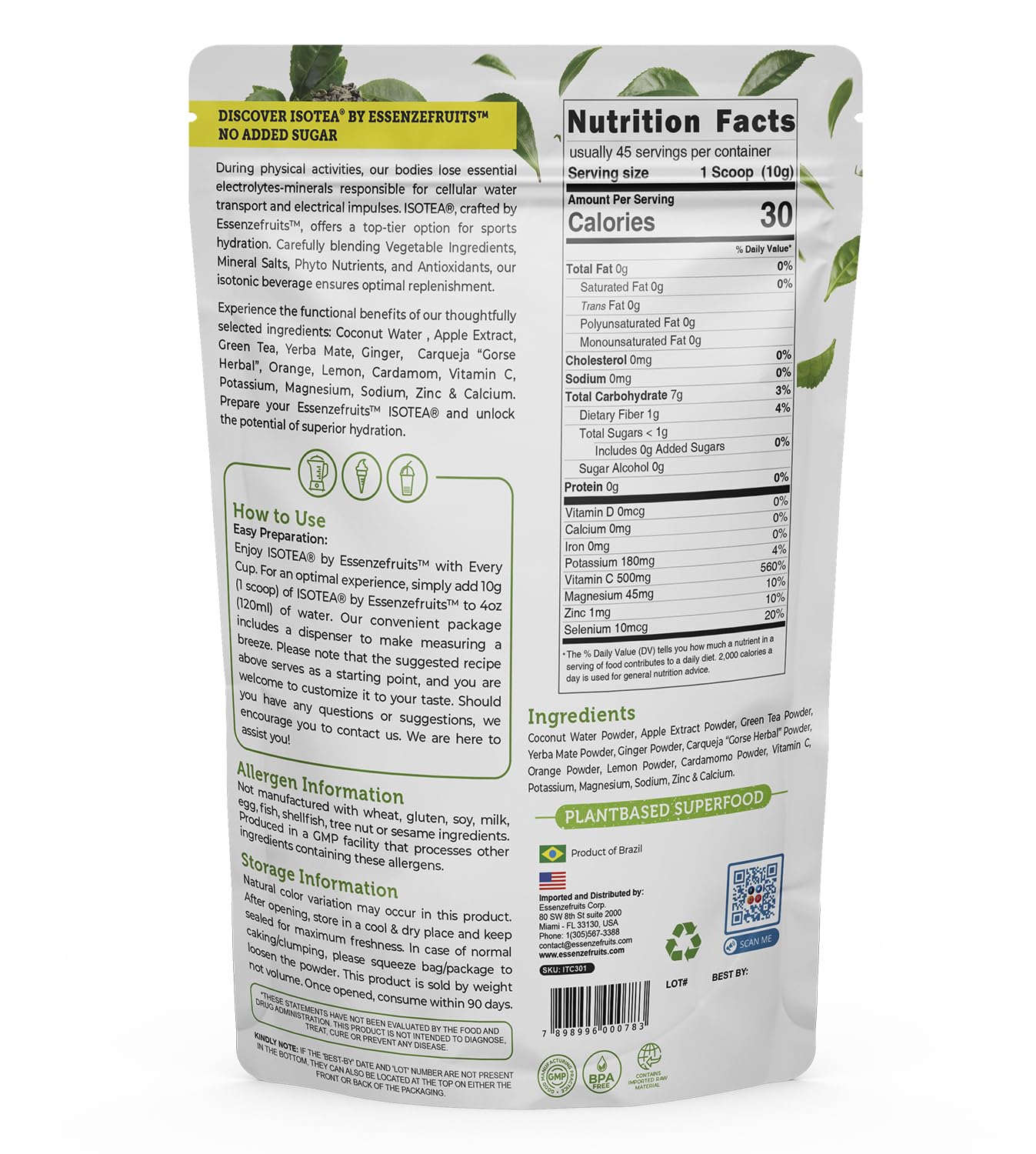 Essenzefruits ISOTEA Plant-Based Electrolytes Powder & Hydration - Daily Drink - Low Sodium and Stevia Free 1 lb (454 g) Pack - Made with 9 Superfoods + 5 High Performance Minerals (45 Servings)