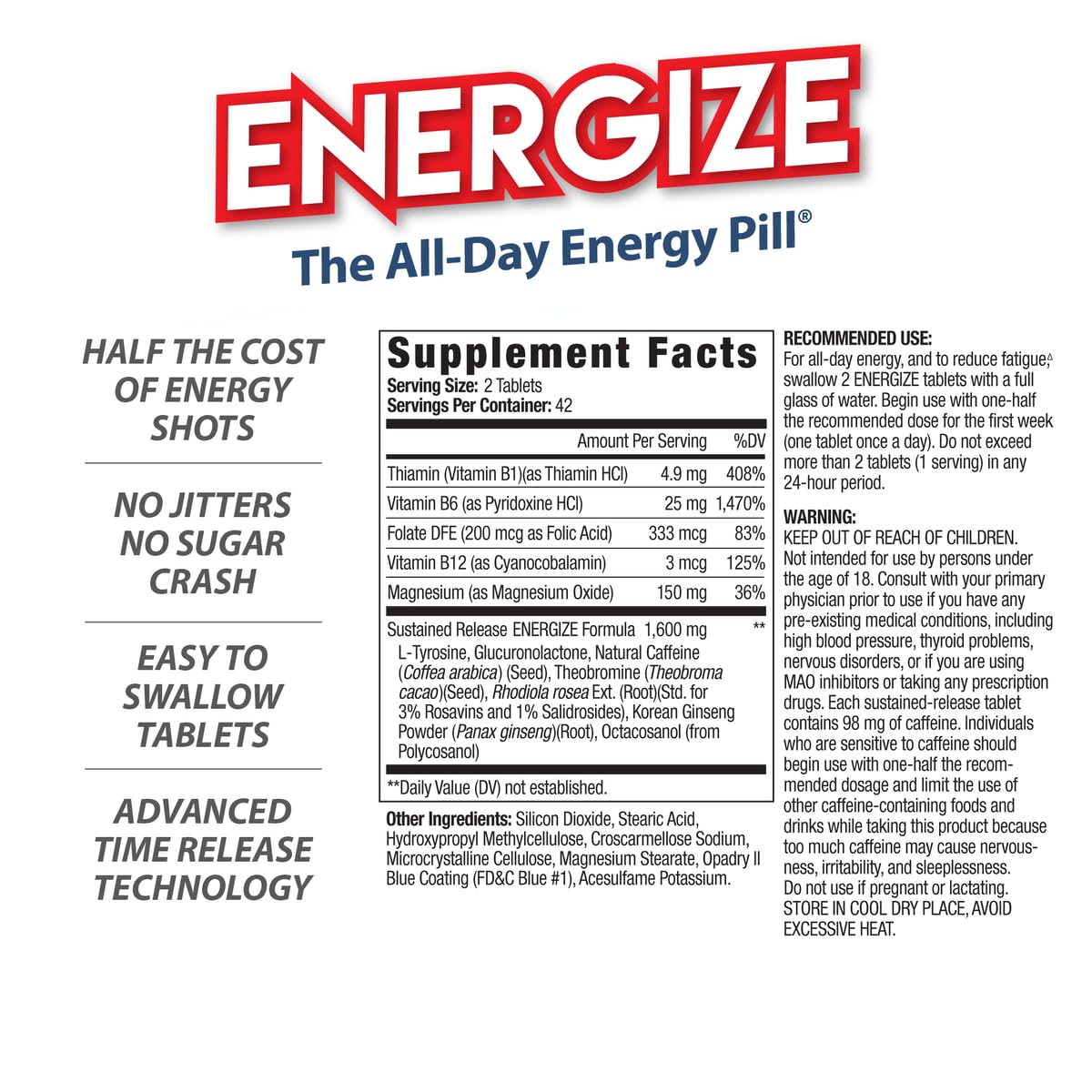Energize Caffeine Pills, Fast Acting All Day Energy Pills & Natural Nootropics Support Supplement with Time Release Caffeine, Energy Support for Men and Women, No Jitters, No Crash (84 Tablets)
