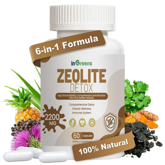 inGreens 2200 MG Zeolite Detox Capsules, 6-in-1 Zeolite Full Body Detox Cleanse - Activated Charcoal & Zeolite Clay for Heavy Metal Detox | Support Gut Health | Milk Thistle, Prebiotic, 60 Capsules