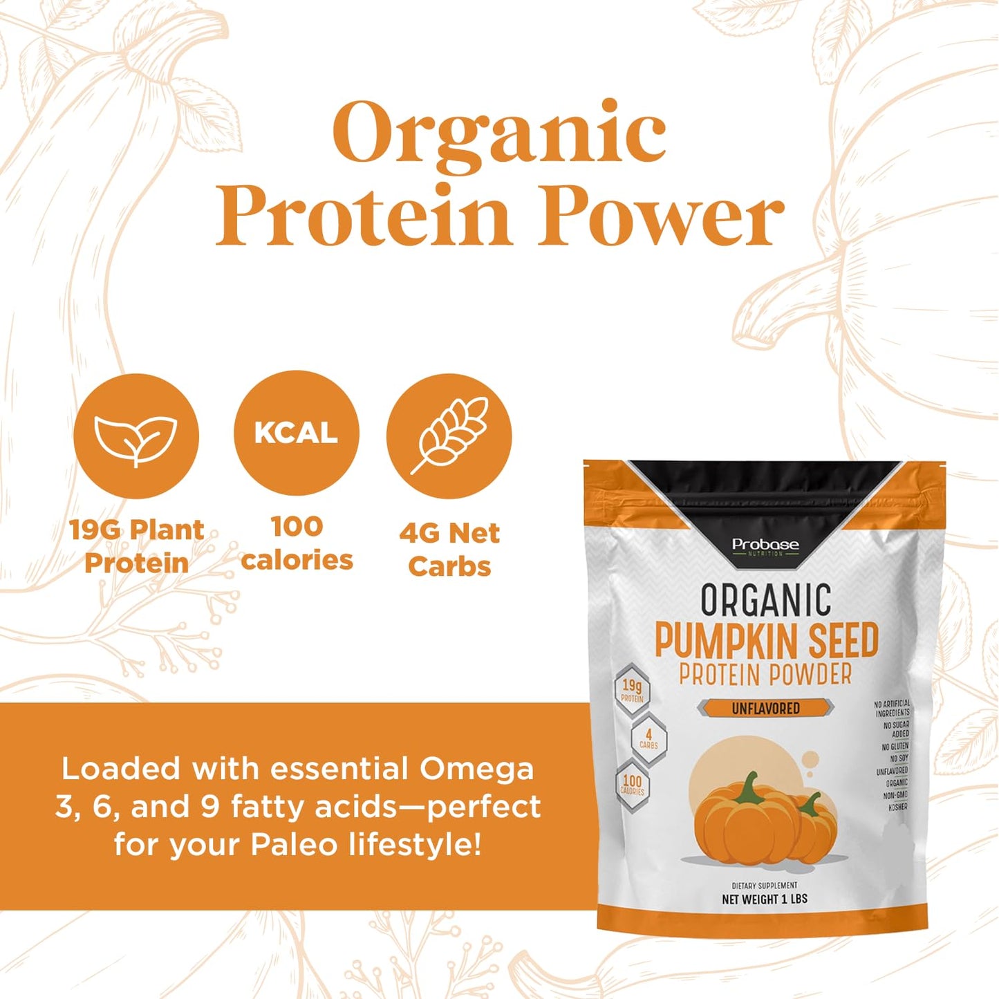Probase Nutrition, Pumpkin Seed Protein Powder, Unsweetened Plant-Based Pumpkin Protein Powder, Ideal for Post-Activity Support, Pumpkin Powder is Rich in Omega 3, 6, 9 | 1 lb, Cold Pressed