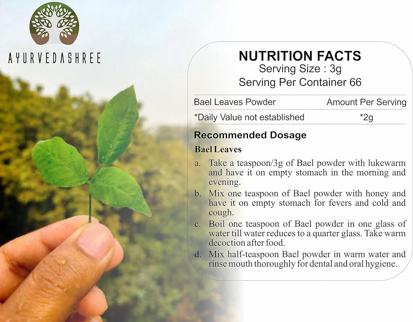 AYURVEDASHREE Bilva Powder - Bael Leaves Powder - Aegle marmelos -50 Gm - Supports Proper Function of The Bowels