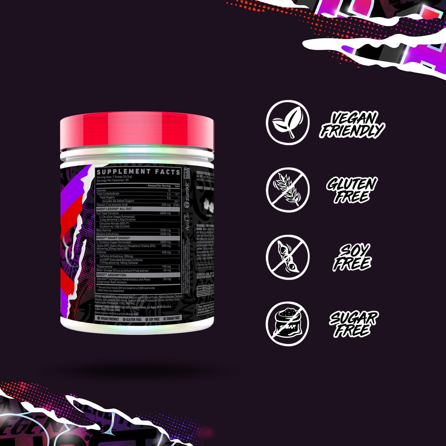 GHOST Legend All Out Pre-Workout Powder, Cherry Limeade - 20 Servings - Pre-Workout Supplement for Men & Women - Energy & Pumps - Caffeine, L-Citrulline, & Beta Alanine Blend - Sugar Free