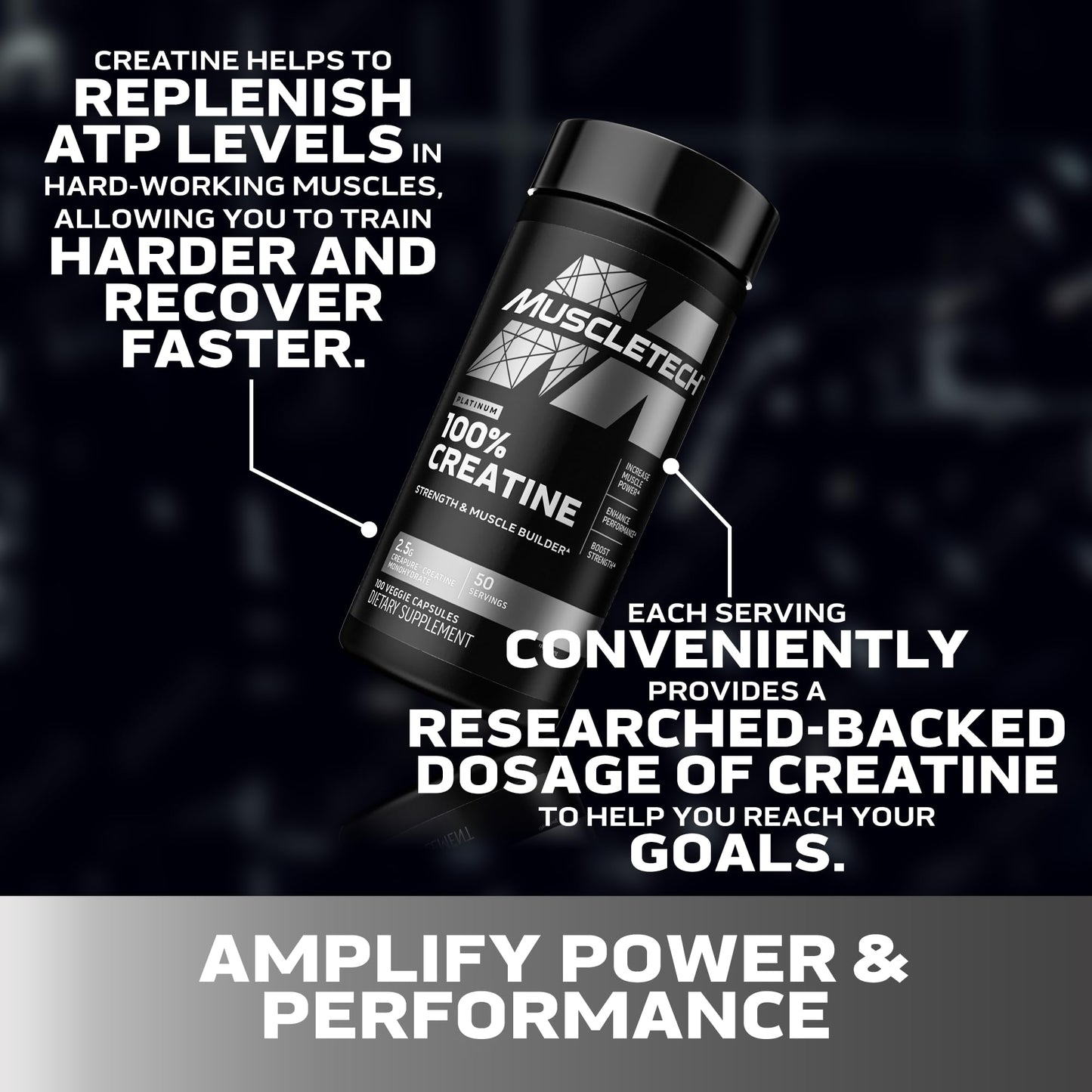 MuscleTech Platinum Creatine Monohydrate Capsules - Creapure Creatine Pre & Post Workout Muscle Builder, Muscle Recovery & Energy Boosting Supplement for Men & Women - 100 Veggie Pills
