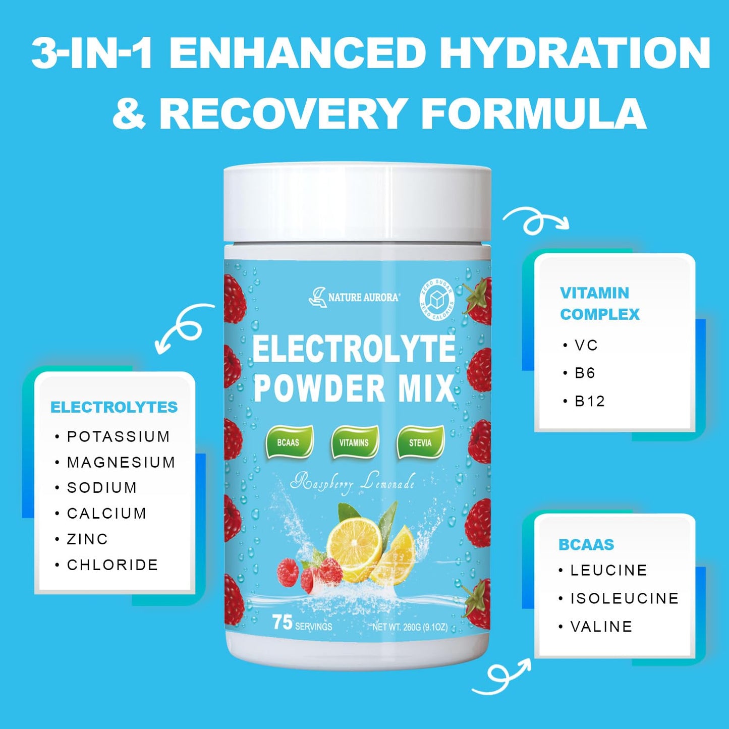 Electrolytes Powder No Sugar, Keto Hydration Electrolyte Drink Mix Supplement for Energy, Muscle Function - Enhanced with Himalayan Salt +BCAAs +Vitamins, Non-GMO (Raspberry Lemonade, 75 Servings)