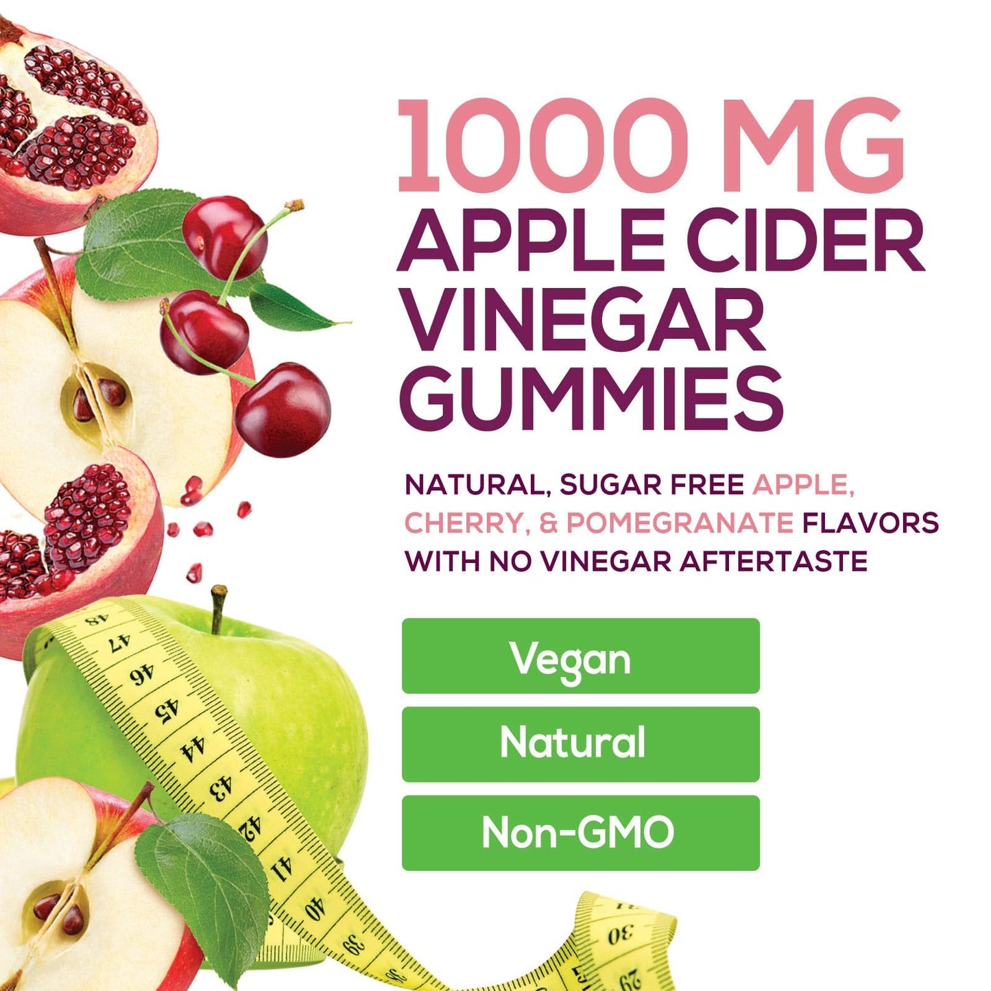 Vegan Apple Cider Vinegar Gummies 1000mg - Sugar Free ACV Vitamins Supplement - Gelatin-Free, Vegan, Non-GMO, Made with Vitamin B12 for Energy - Supports Digestion, Detox and Cleanse - 120 Gummies
