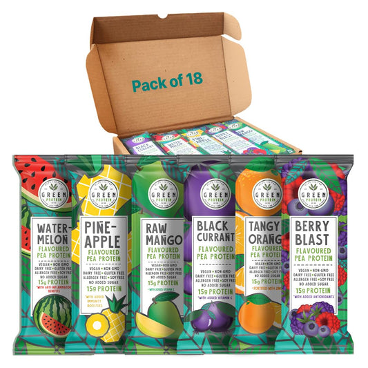 GreenProtein | Pea Protein Isolate Powder Dairy, Gluten Allergen, Soy Free Pineapple, Black Currant, Berry Blast, Watermelon, Raw Mango and Orange Flavor | 6 Flavors x 3 Sachets | Pack of 18