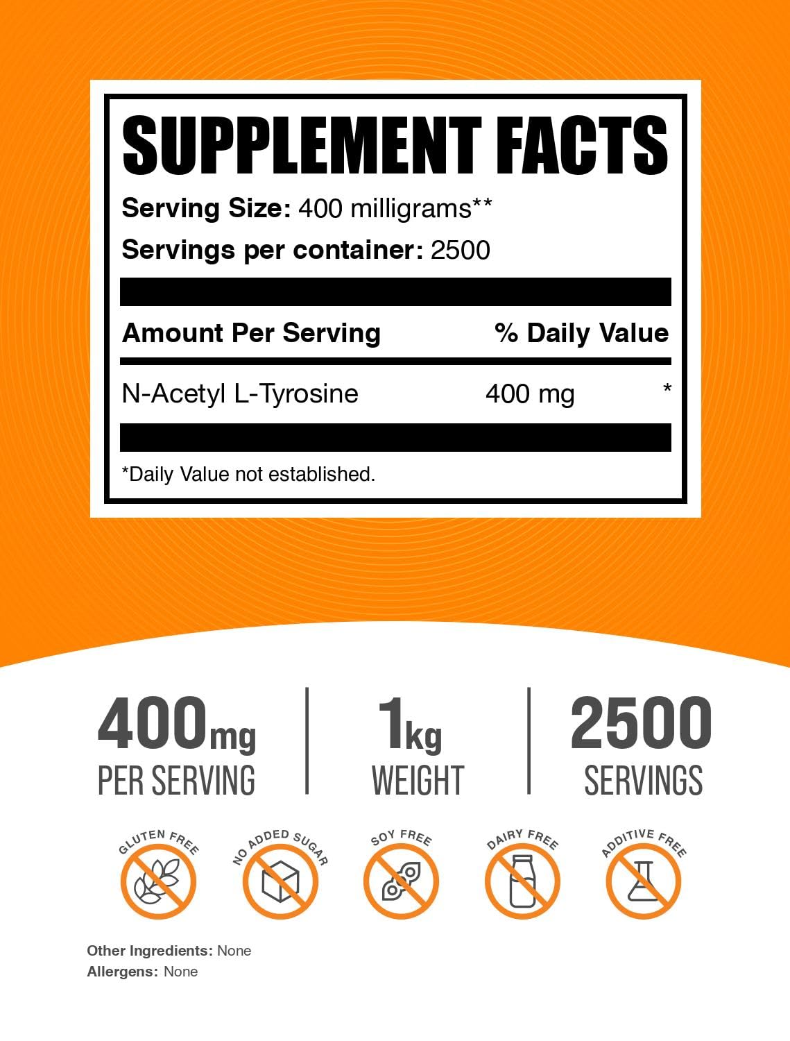 BulkSupplements.com N-Acetyl L-Tyrosine Powder -Tyrosine Supplement, NALT Powder - Amino Acid Supplement, Unflavored & Gluten Free, 400mg per Serving, 1kg (2.2 lbs) (Pack of 1)