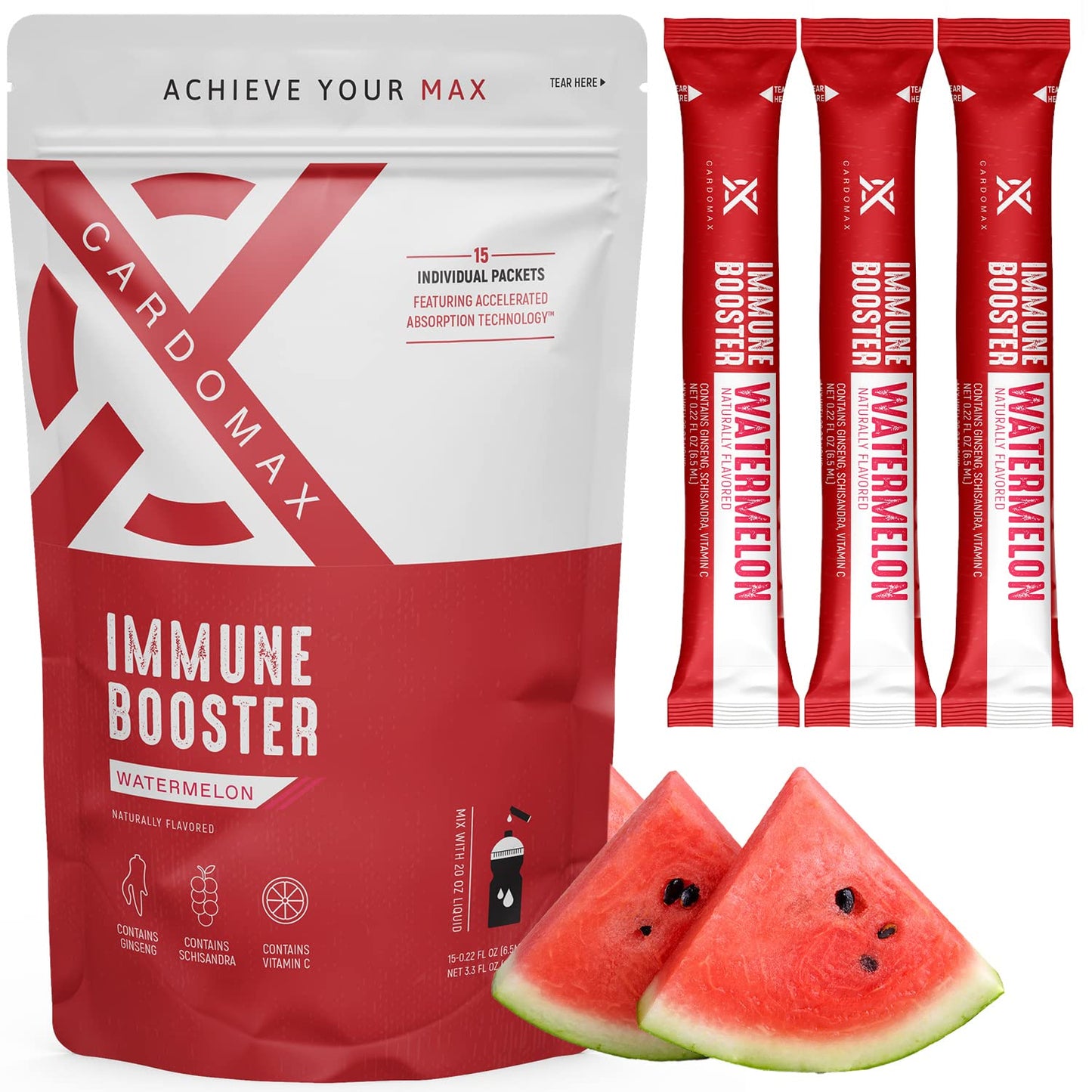 CardoMax Immune Booster Liquid Drink Mix with Gingseng & Vitamin C - Single-Serve Water Flavoring Stick Packets for Immune Support - Watermelon Flavor (15 Count)