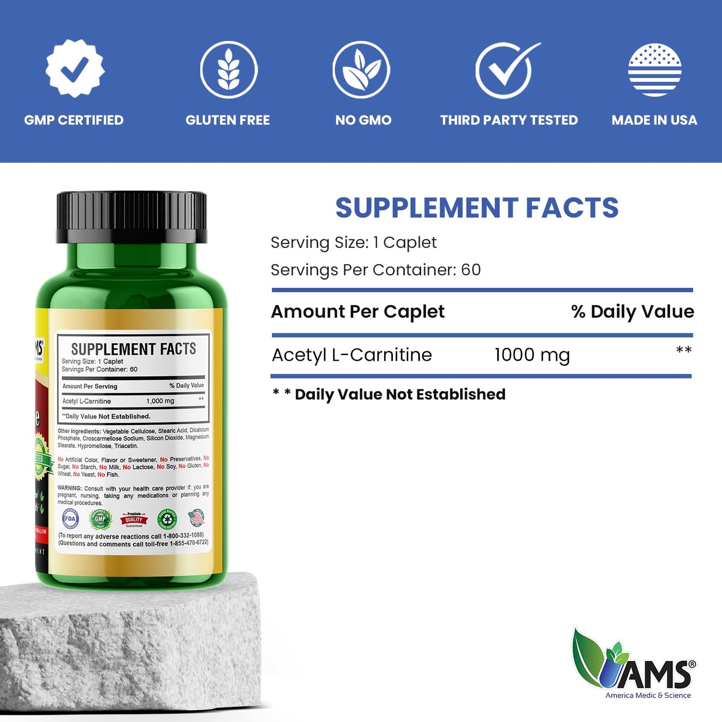 America Medic & Science Acetyl L-Carnitine 1000mg (60 Tablets) | Dietary Supplement for Men and Women | Promotes Energy Production | Supports Brain Health | Helps Improve Memory and Focus