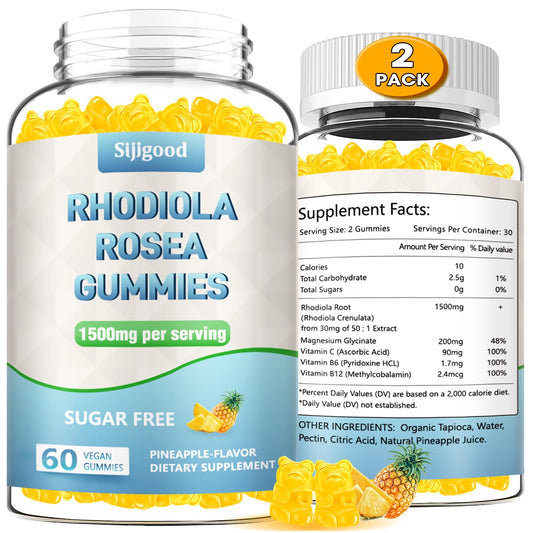 2 Pack Sugar-Free Rhodiola Rosea Gummies, Adaptogenic Rhodiola Rosea Supplement & Cortisol Blocker for Enhanced Stamina, Mood Elevation, and Motivation Boost, Non-GMO, Vegan, 120 Count