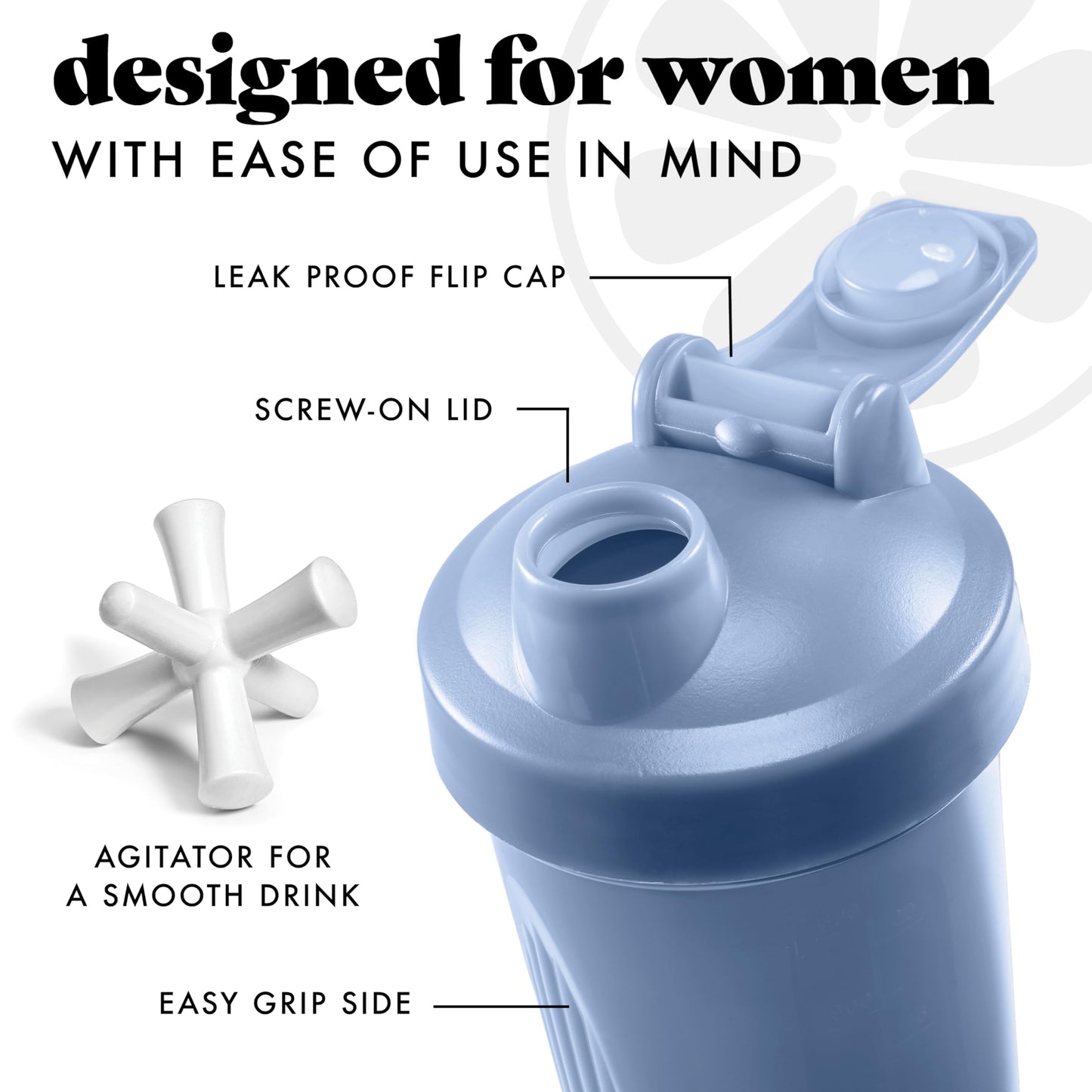 Fit & Fresh Shaker Bottle, Leak Proof Sports Blender Bottle Easy to Clean, Durable Protein Shaker Cup 24 oz.with Unique Agitator for Smooth Mixing, Cornflower Blue