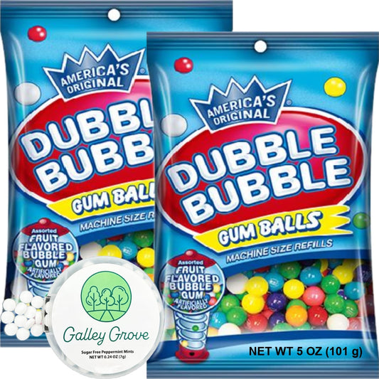 Dubble Bubble Mini Gumball Machine Refills 5 oz Bag 2Pack 12 inch 13mm Assorted Fruit Flavor Bubble Gum Bundle With Galley Grove SugarFree Breath Mints