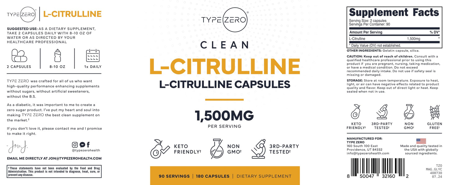 Type Zero L-Citrulline Capsules (180 Capsules) (1500 mg per Serving) - GMO-Free
