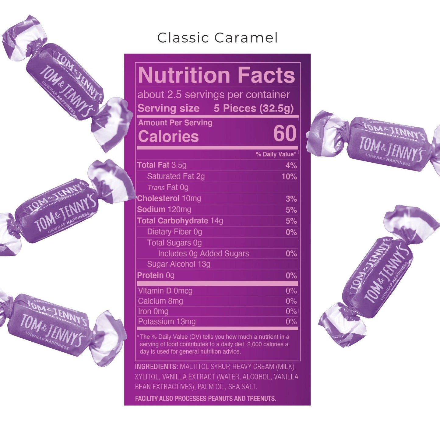 Tom  Jennys Sugar Free Candy Soft Caramel with Sea Salt and Vanilla  Low Net Carb Keto Candy  with Xylitol and Maltitol  Classic Caramel 1pack