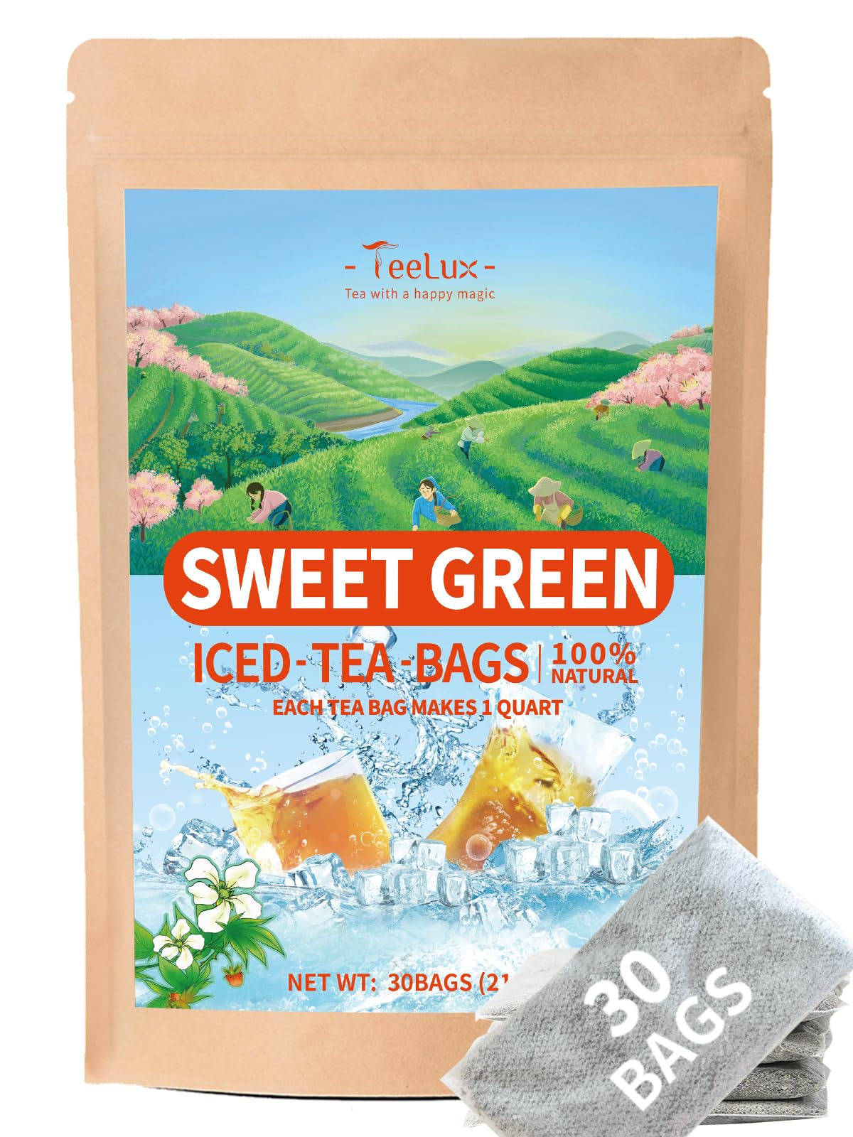 TeeLux Sweet Iced Tea Bags Green Tea Blended with Natural Sweet Tea QuartSized Refreshing Iced Green Tea Zero Sugar 30 Count