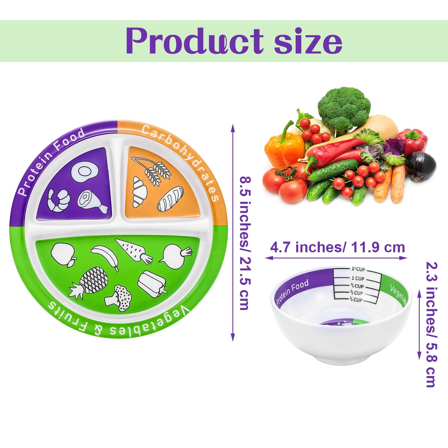 Tioncy 8 Pcs Bariatric Portion Control Set with 4 Bariatric Plates 4 Portion Control Bowls for Adults Diet Balanced Eating Weight Loss Serving Plans(Classic)