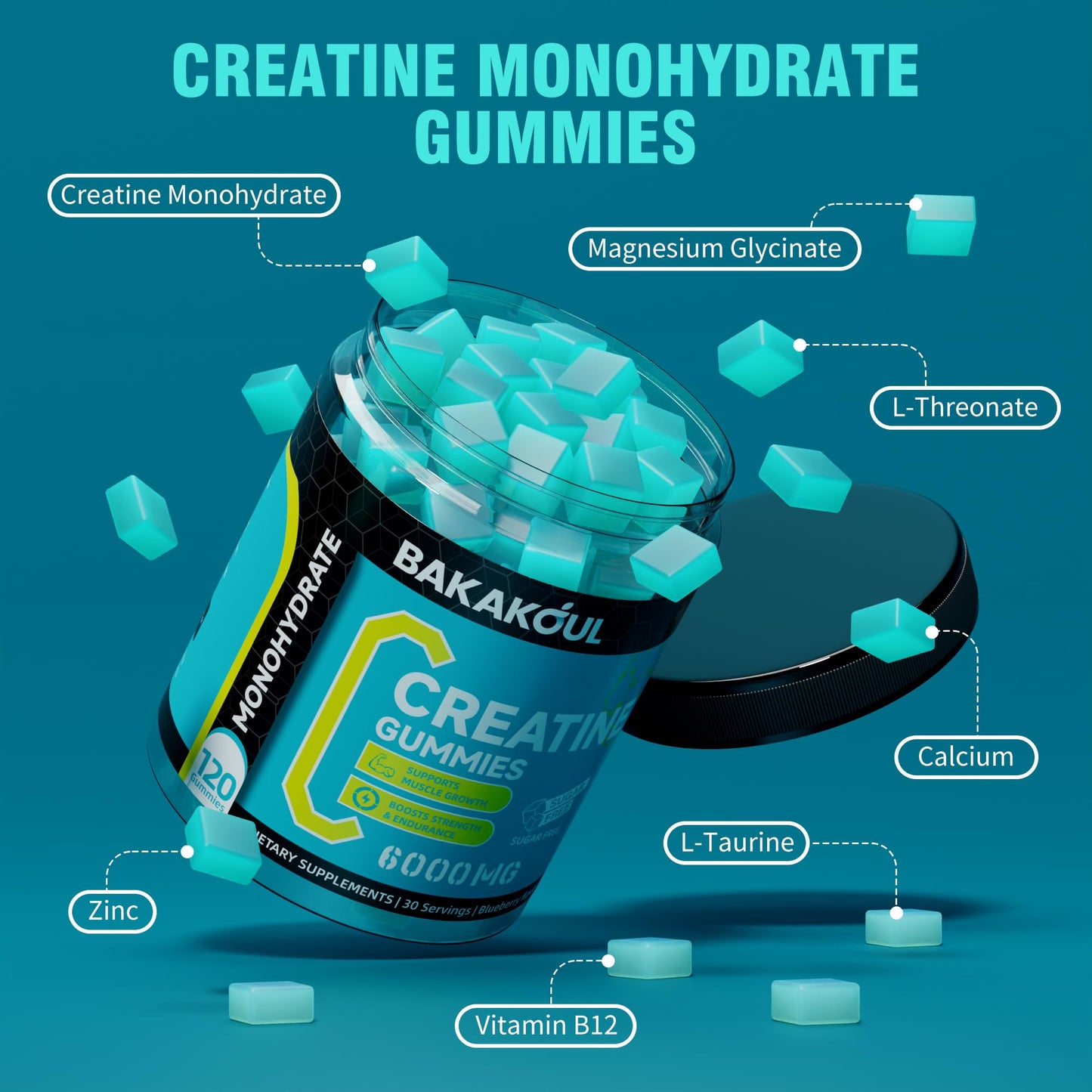 BAKAKOUL Creatine Monohydrate Gummies 5g for Men & Women - 120 Sugar Free Gummies with Magnesium Glycinate, L-Threonate, L-Taurine + Vitamin B12 for Muscle Support, Energy Boost, 2 Pack