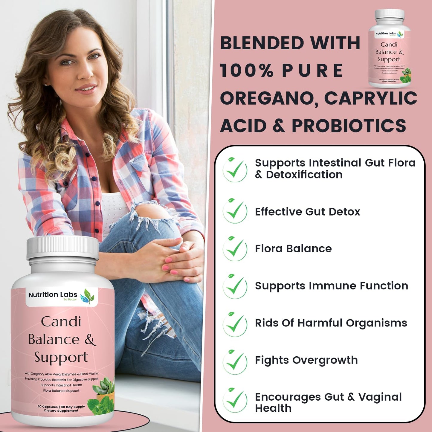 Candida Cleanse, Balance and Support Flora Herbal Supplement for Women & Men. Gut Flora & pH Level, Intestinal Health W/ Probiotics. Anti Yeast Overgrowth W/ Oregano, Caprylic Acid