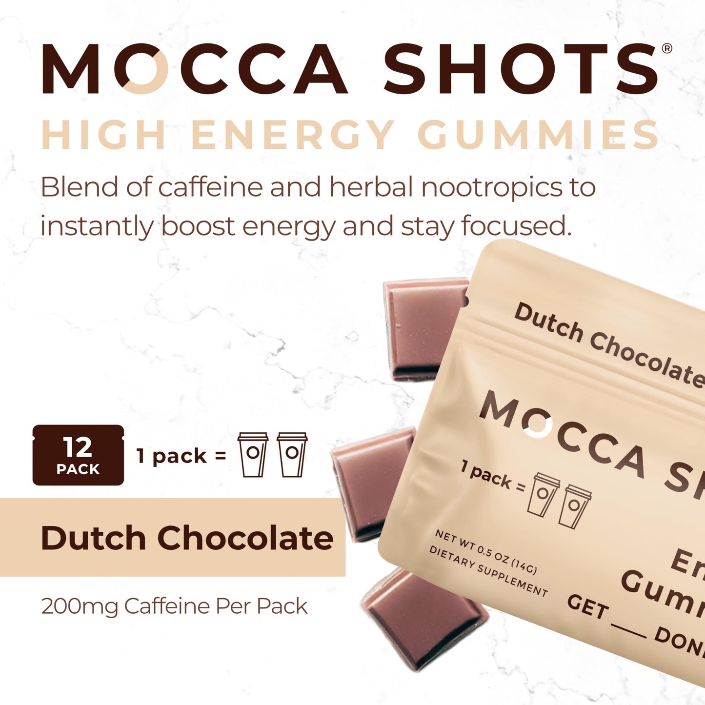 SGC Seattle Gummy Company Caffeine Energy Gummies 12-Pack, Dutch Chocolate Mocca Energy Chews, Nootropic, Vegan, Plant-Based, Gluten Free, 200mg Caffeine