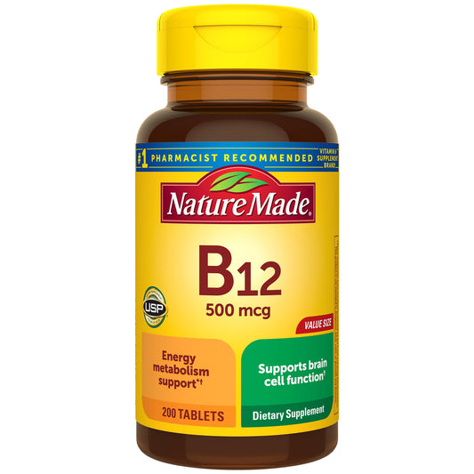 Nature Made Vitamin B12 500 mcg, Dietary Supplement for Energy Metabolism Support, 200 Tablets, 200 Day Supply