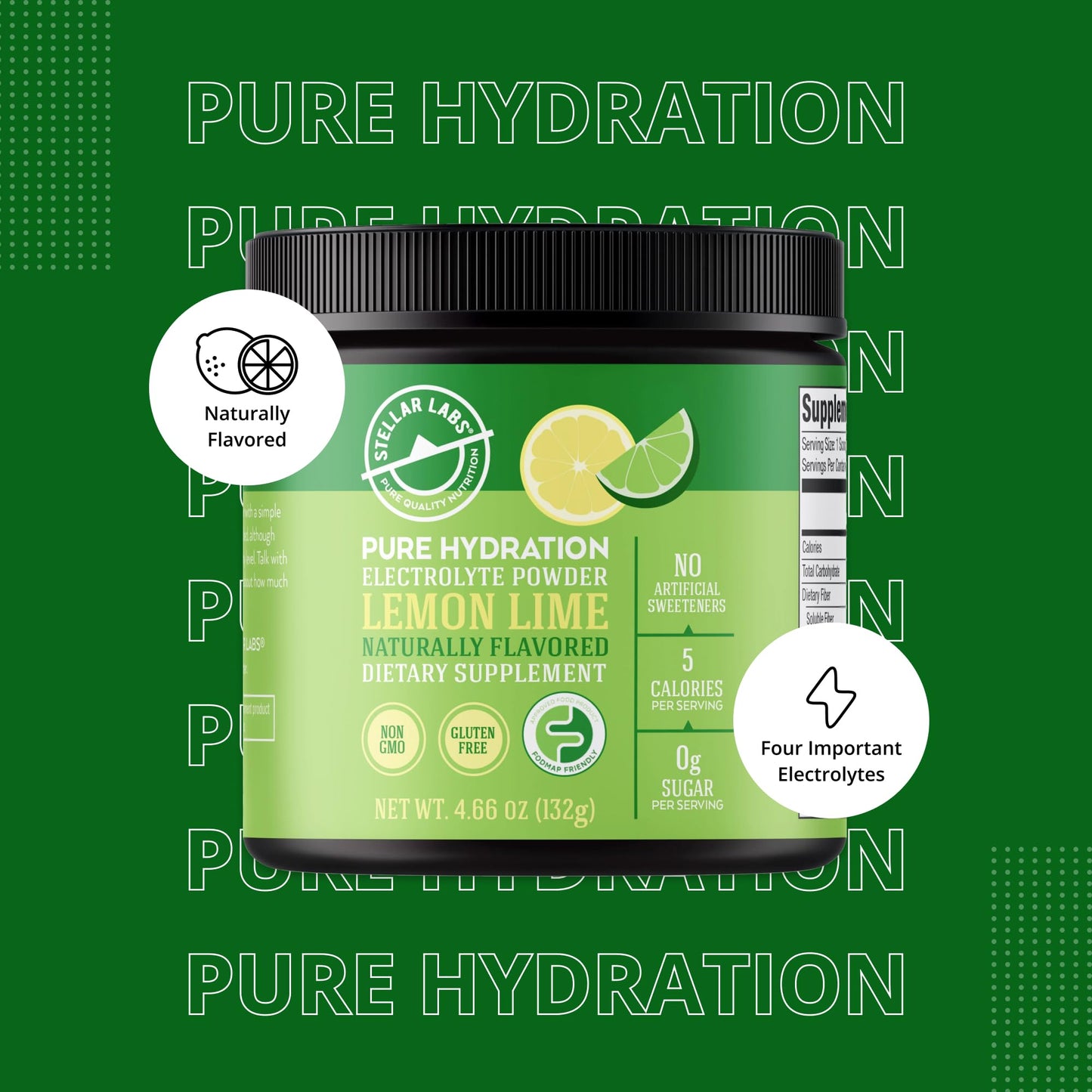 Stellar Labs Electrolyte Powder No Sugar | Low FODMAP Hydration Multiplier Powdered Drink Mix | Keto Friendly, Sugar Free, Non-GMO, Gluten Free Dehydration Relief | Lemon Lime, 30 Servings