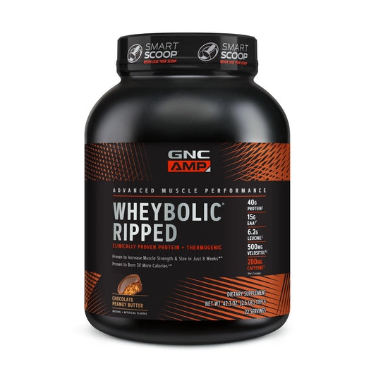 GNC AMP Wheybolic Ripped Whey Protein Powder Isolate with BCAA | Targeted Muscle Building and Workout Support Formula | Gluten Free |Chocolate Peanut Butter | 22 Servings