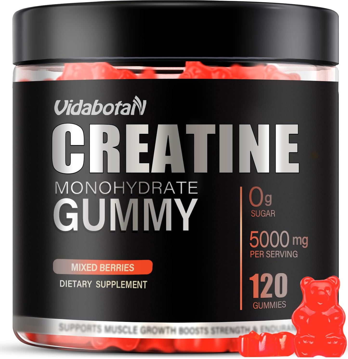 Sugar Free Creatine Monohydrate Gummies 5000mg for Men & Women- Chewables Creatine Monohydrate with L-Taurine, B6, B12 for Muscle Growth and Strength, Vegan, Natural Mixed Berry Flavor, 120 Count