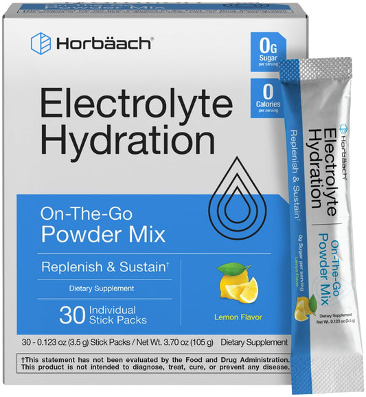 Horbäach Electrolyte Powder Packets | 30 Sticks | Lemon Flavor | On-The-Go Powder Mix | Vegetarian | Keto-Friendly | Non-GMO, Gluten Free Supplement