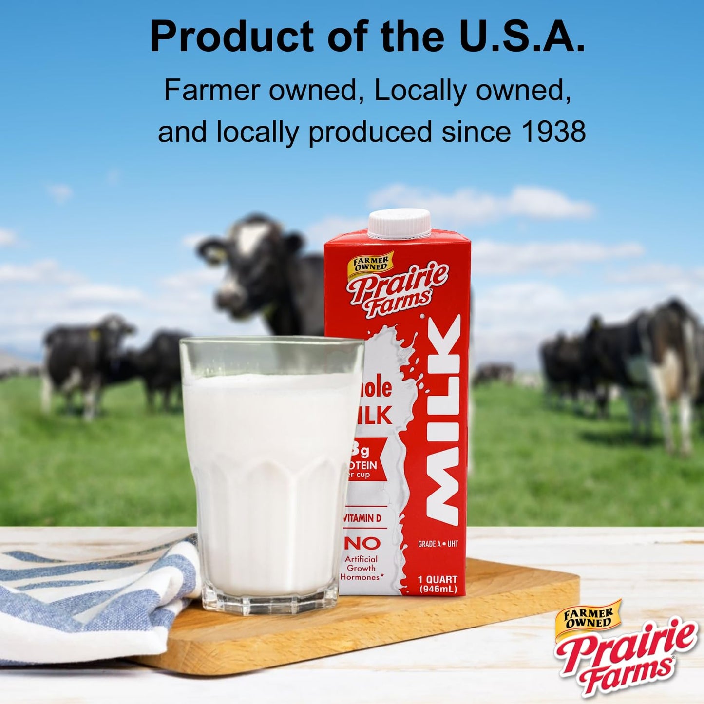 Prairie Farms  Whole Milk  Shelf Stable Boxed UHT Ultra Pasteurized Milk Vitamin D White Milk  Preservative and Hormone Free Gluten Free Kosher Made in USA  1 Quart 4 Pack