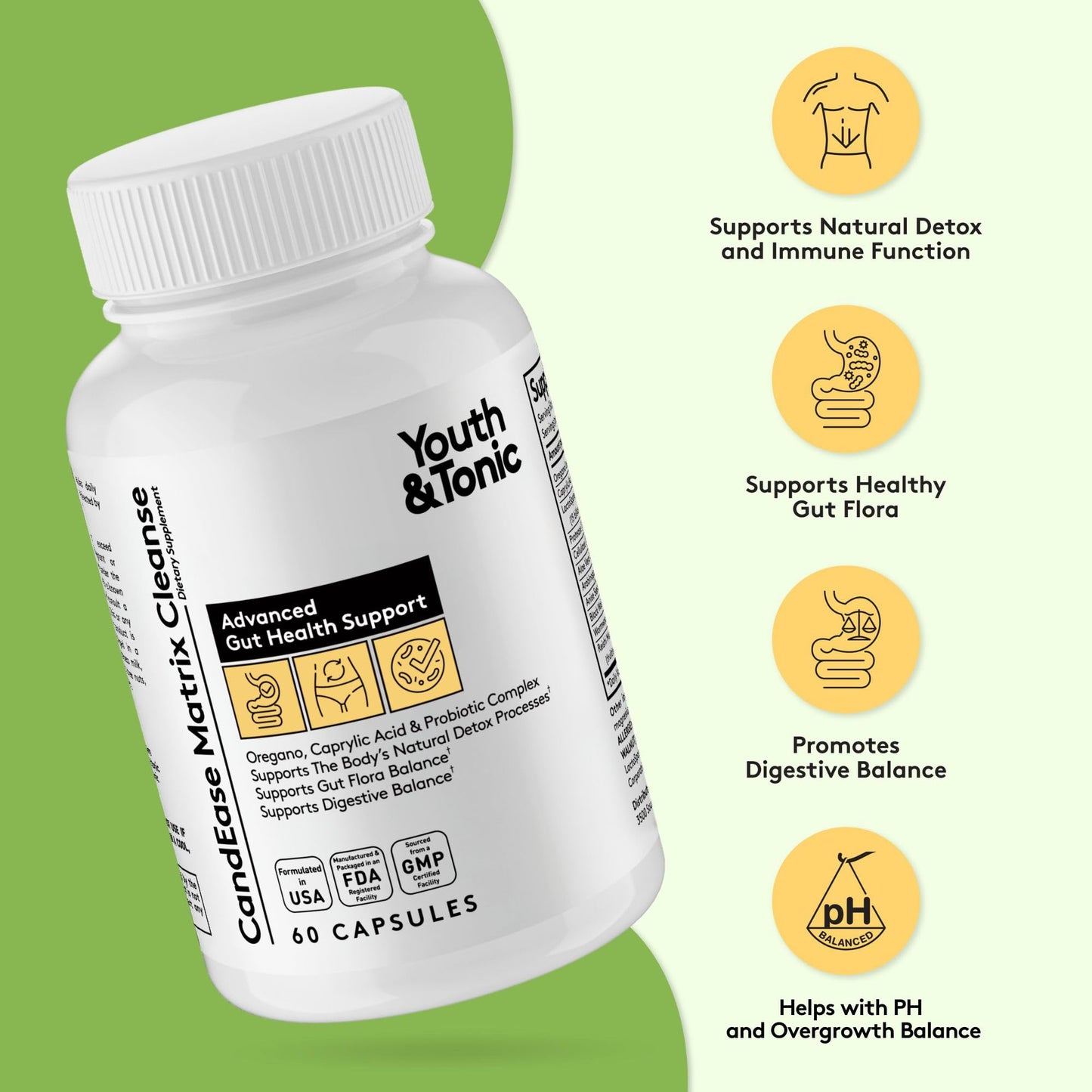 Youth & Tonic CandEase Cleanse Matrix - Overgrowth Support & Gut Health, Intestinal Flora Balance & Body Detox Complex with Oregano, Caprylic Acid, Digestive Enzymes, Probiotics, 60 Pills, Women & Men