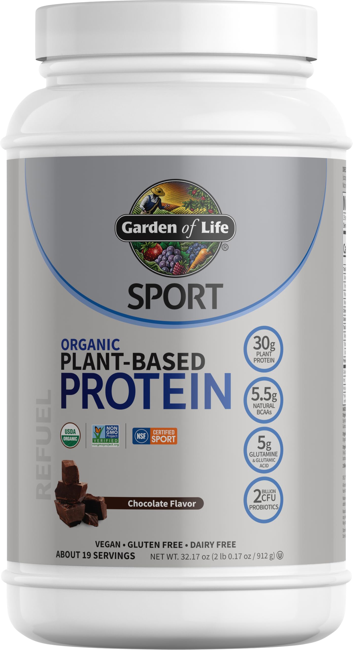 Organic Vegan SPORT Protein Powder, Chocolate - Probiotics, BCAAs, 30g Plant Protein for Premium Post Workout Recovery, NSF Certified, Keto, Gluten & Dairy Free, Non GMO, Garden of Life - 19 Servings