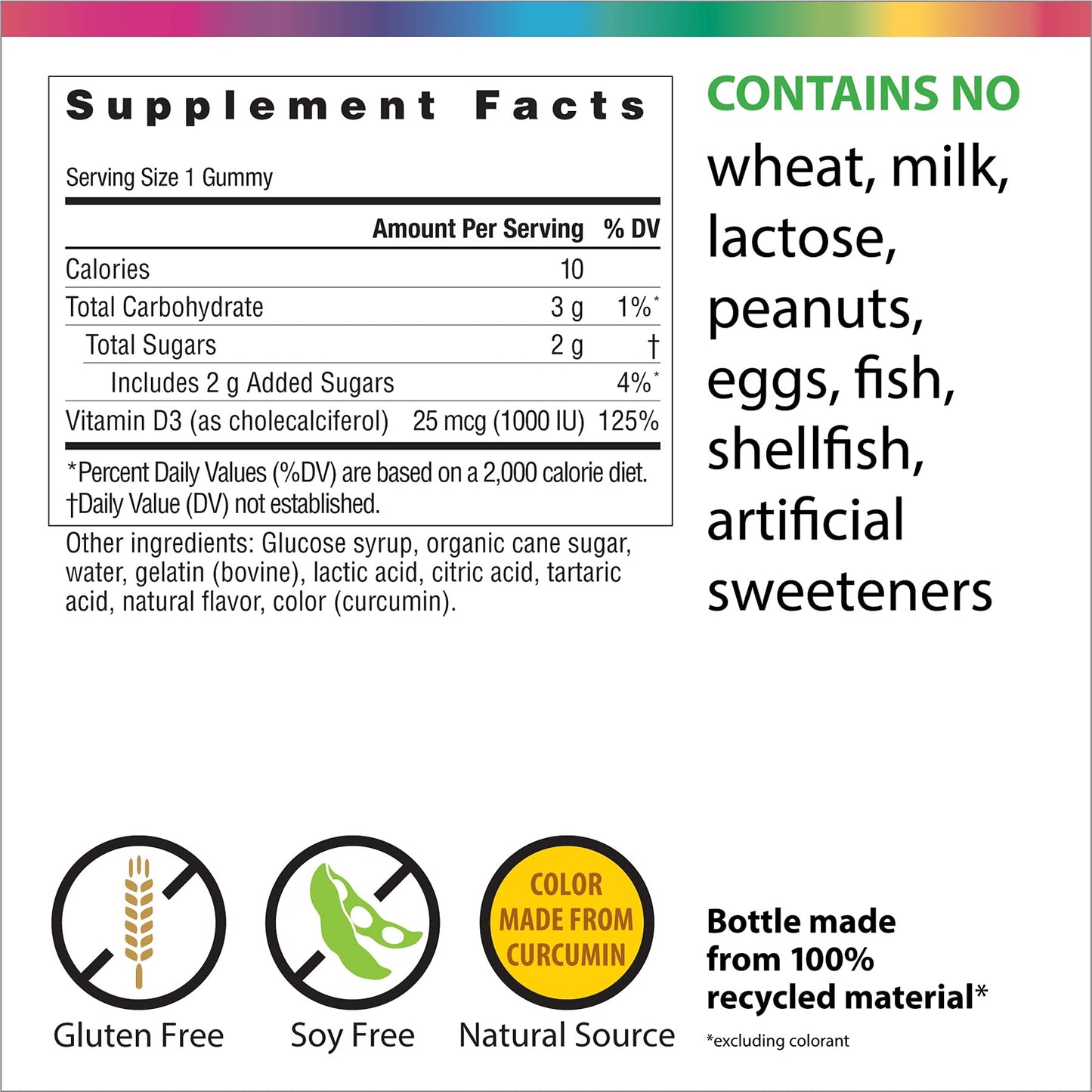 Rainbow Light Vitamin D Gummies, Sunny Gummies, Vitamin D3 1,000 IU, Gluten Free, Protects Immune System Health, Lemon, 100 Gummies