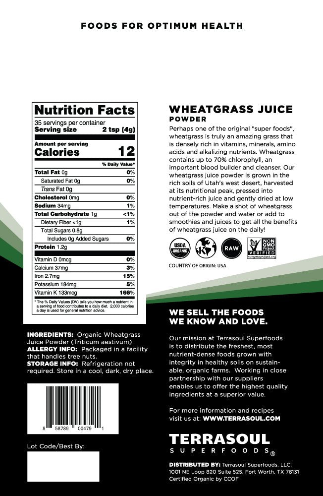 Terrasoul Superfoods Organic Wheat Grass Juice Powder 5 Oz Grown in Utah Made from Nutrient Concentrated Juice Revitalize with Green Nutrition Smoothies Detox Drinks and Wellness Shots