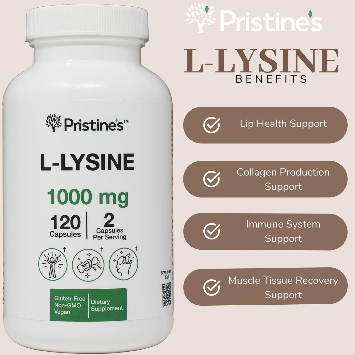 PRISTINE'S L Lysine 1000MG 60 Day Supply - Lip & Gum Health Essential Amino Acid & Immunity Support Supplement - Optimal Muscle & Tissue Support - Collagen Production - Vegan - Gluten Free