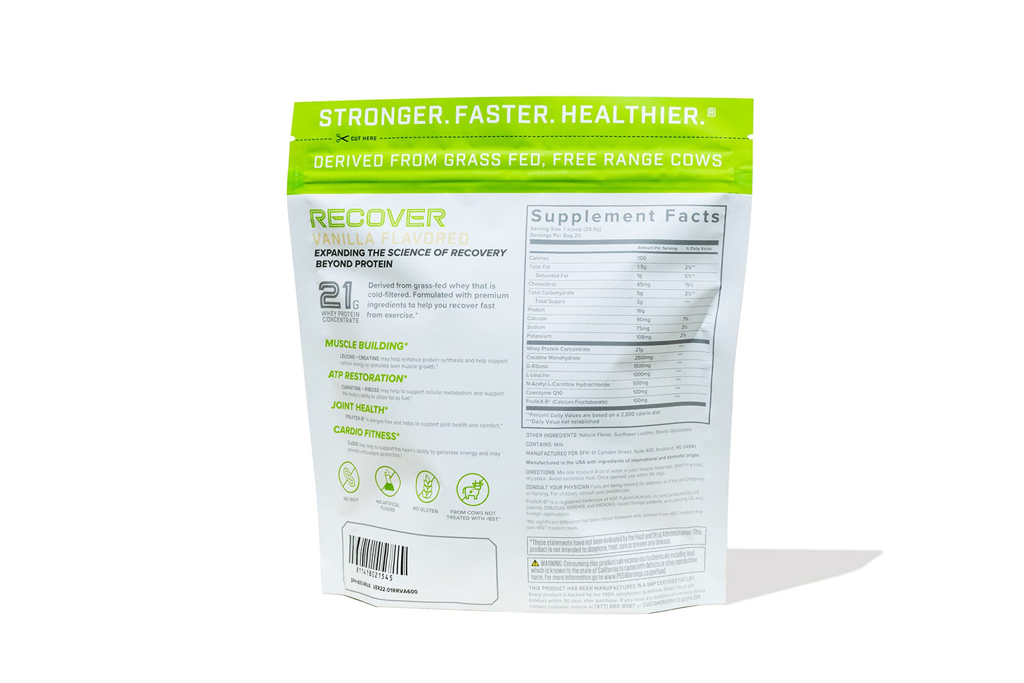 SFH RECOVER Whey Protein Powder (Vanilla) Great Tasting Grass Fed Whey for Post Workout | All Natural | No Soy, No Gluten, No RBST, No Artificial Flavors (20 serving bag)