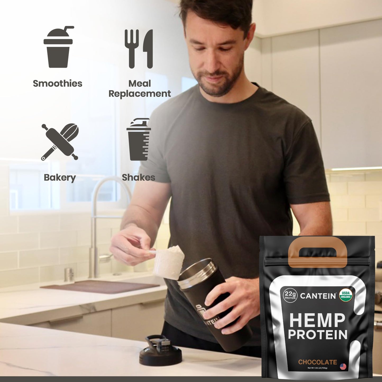 Cantein Organic Hemp Protein, Vegan Protein Powder, Plant Based Protein Powder, Non Dairy Protein, Lactose Free Natural Protein, Gluten Free- 20 Servings, Chocolate