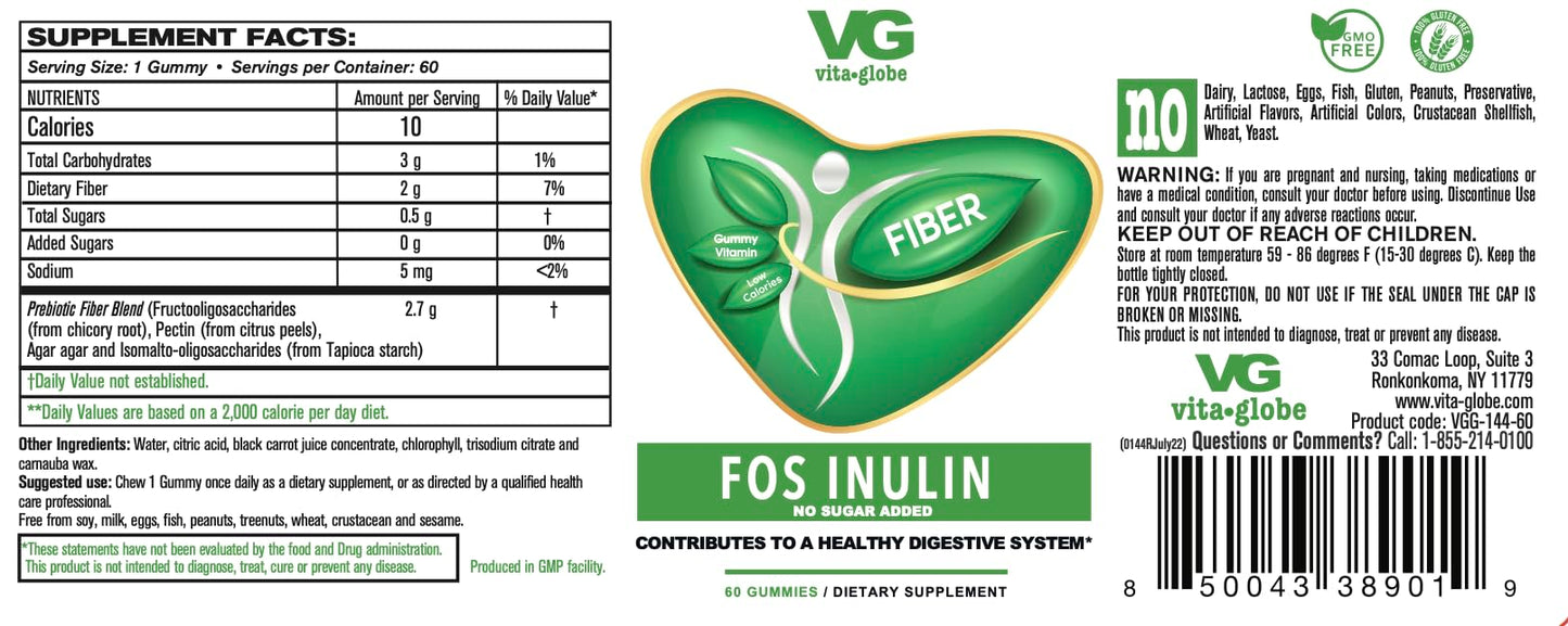 VitaGlobe Fiber Inulin Gummy Vitamin, Sugar Free, 60count