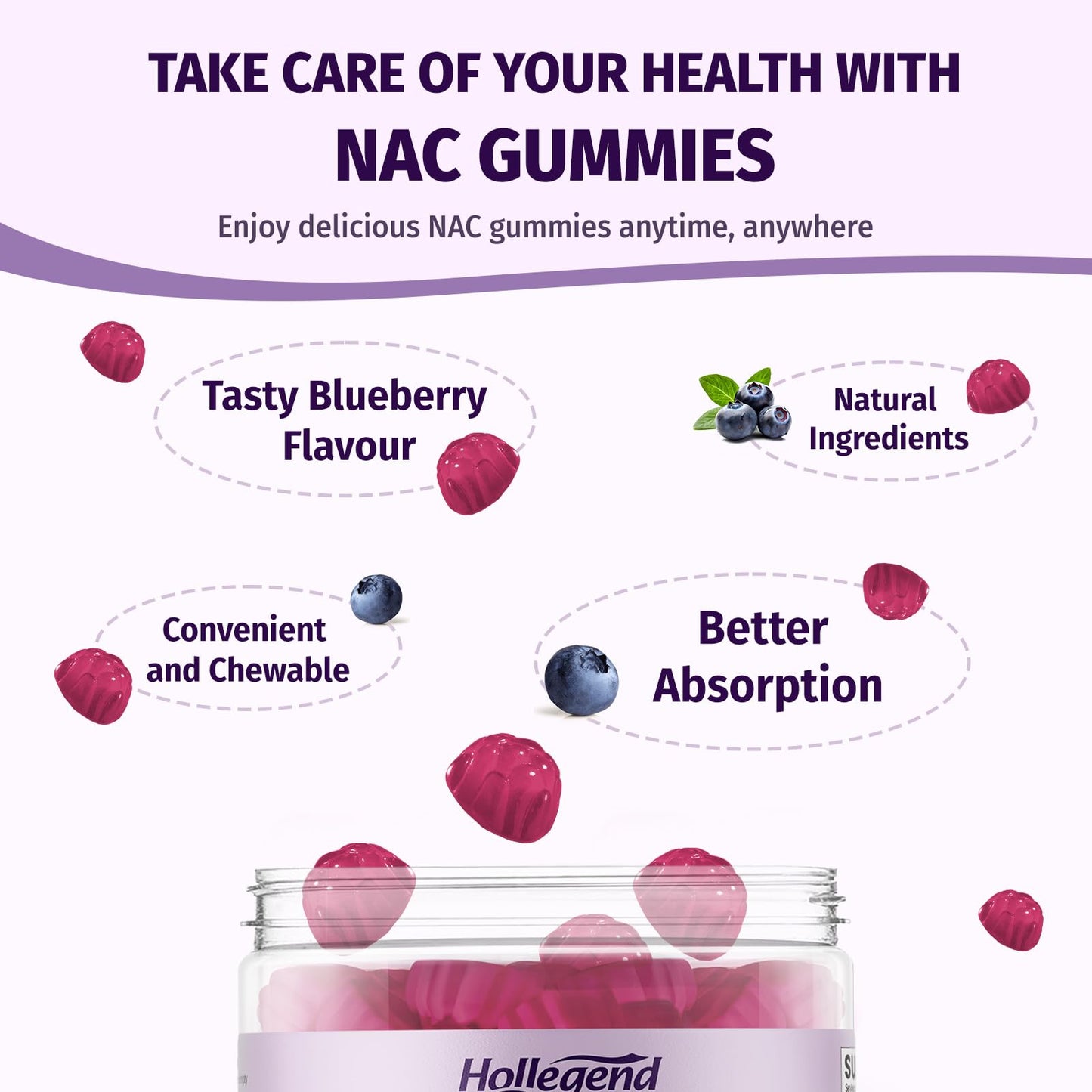 6 IN 1 NAC Gummies, Chewable N Acetyl Cysteine 1000mg Supplement for Kids & Adults, with ALA, Zinc, Vitamin C & E, Selenium, Support Antioxidant & Immune system, Blueberry Flavor, Sugar Free, 60 Ct