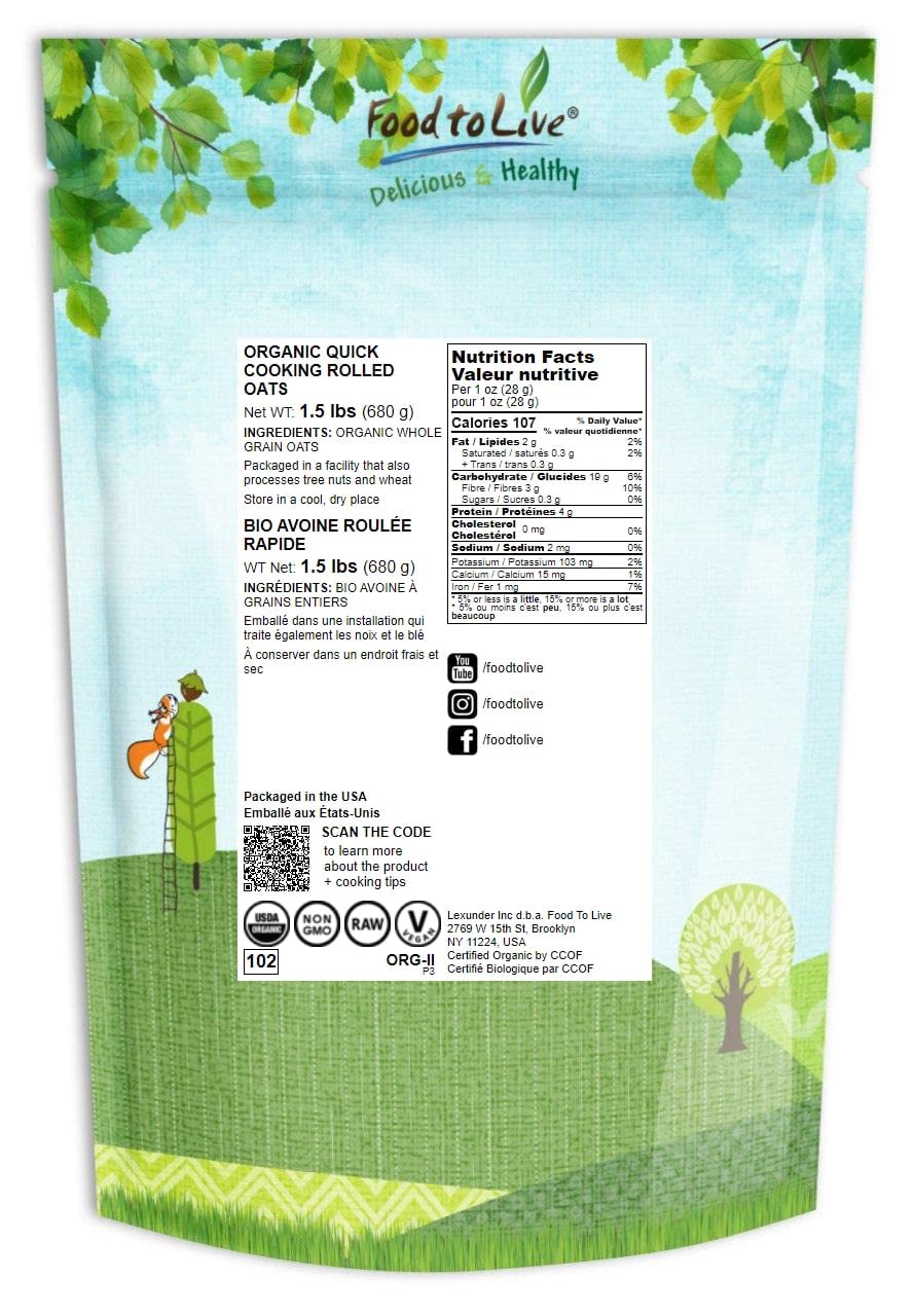 Food to Live Organic Quick Cooking Rolled Oats  NonGMO 1Minute Oatmeal 100 Whole Grain Thin Flakes Uncooked Vegan Bulk Rich in Protein Fiber Great for Breakfast Cereal Granola Baking